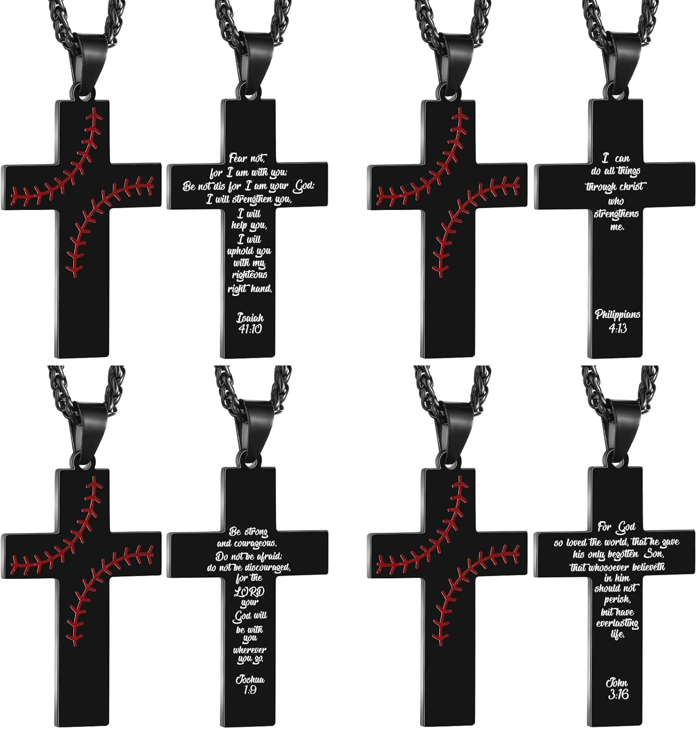 12 Pcs Baseball Cross Necklace for Men, Stainless Steel Cross Pendant Chain 24 Inches, Inspirational Bible Verse Quote Religious Gift Stainless Steel Christmas Baseball Team Gift