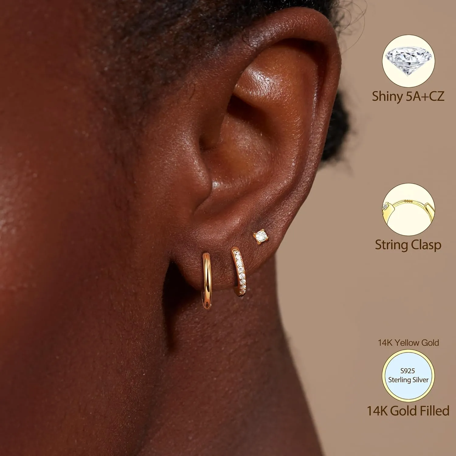 14K Gold Plated Sterling Silver Earrings Set : Small Stud Hoop Earring Stacks for Cartilage Hypoallergenic Earring Sets for Multiple Piercing Dainty Gold Earrings Jewelry for Women 2/3 Pair