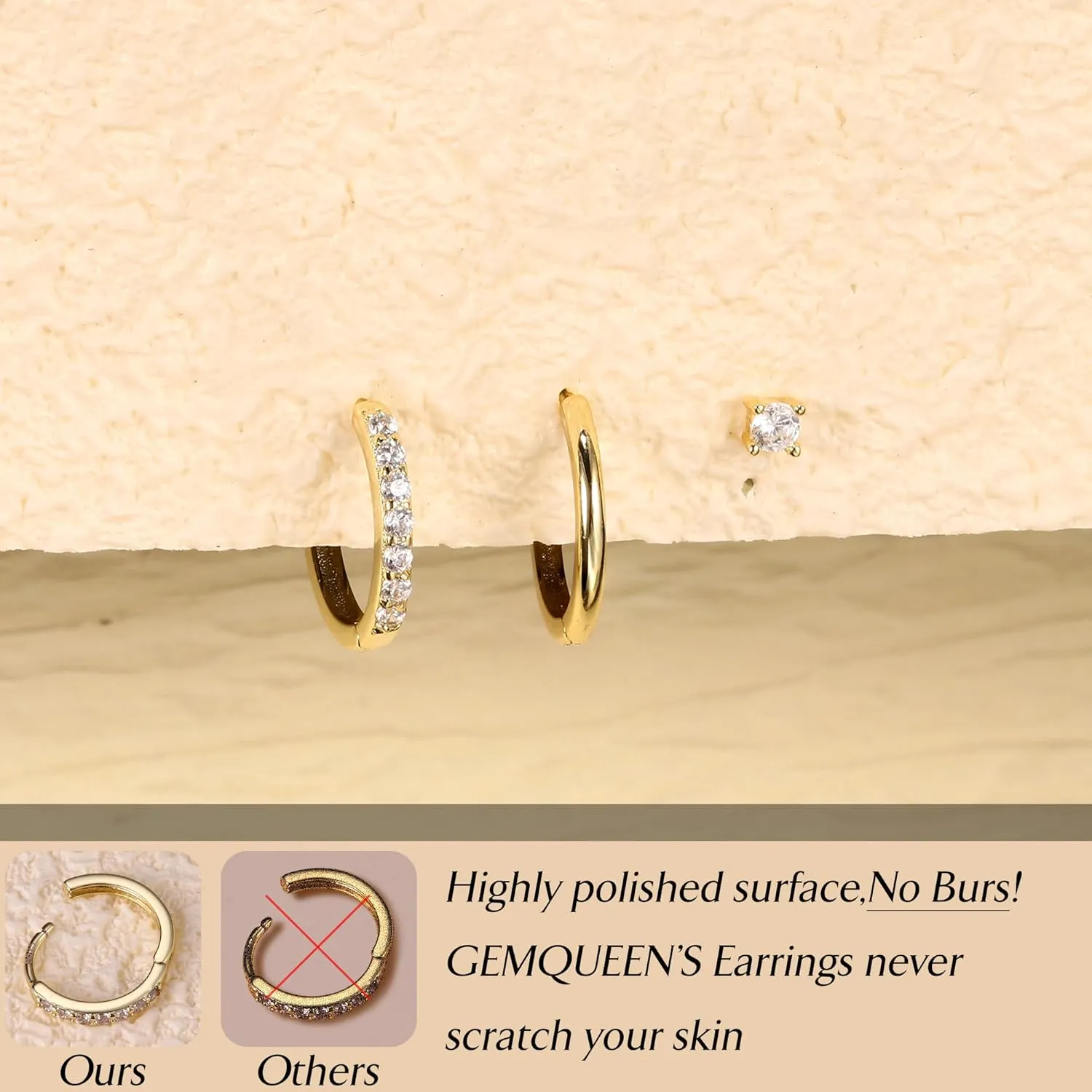 14K Gold Plated Sterling Silver Earrings Set : Small Stud Hoop Earring Stacks for Cartilage Hypoallergenic Earring Sets for Multiple Piercing Dainty Gold Earrings Jewelry for Women 2/3 Pair