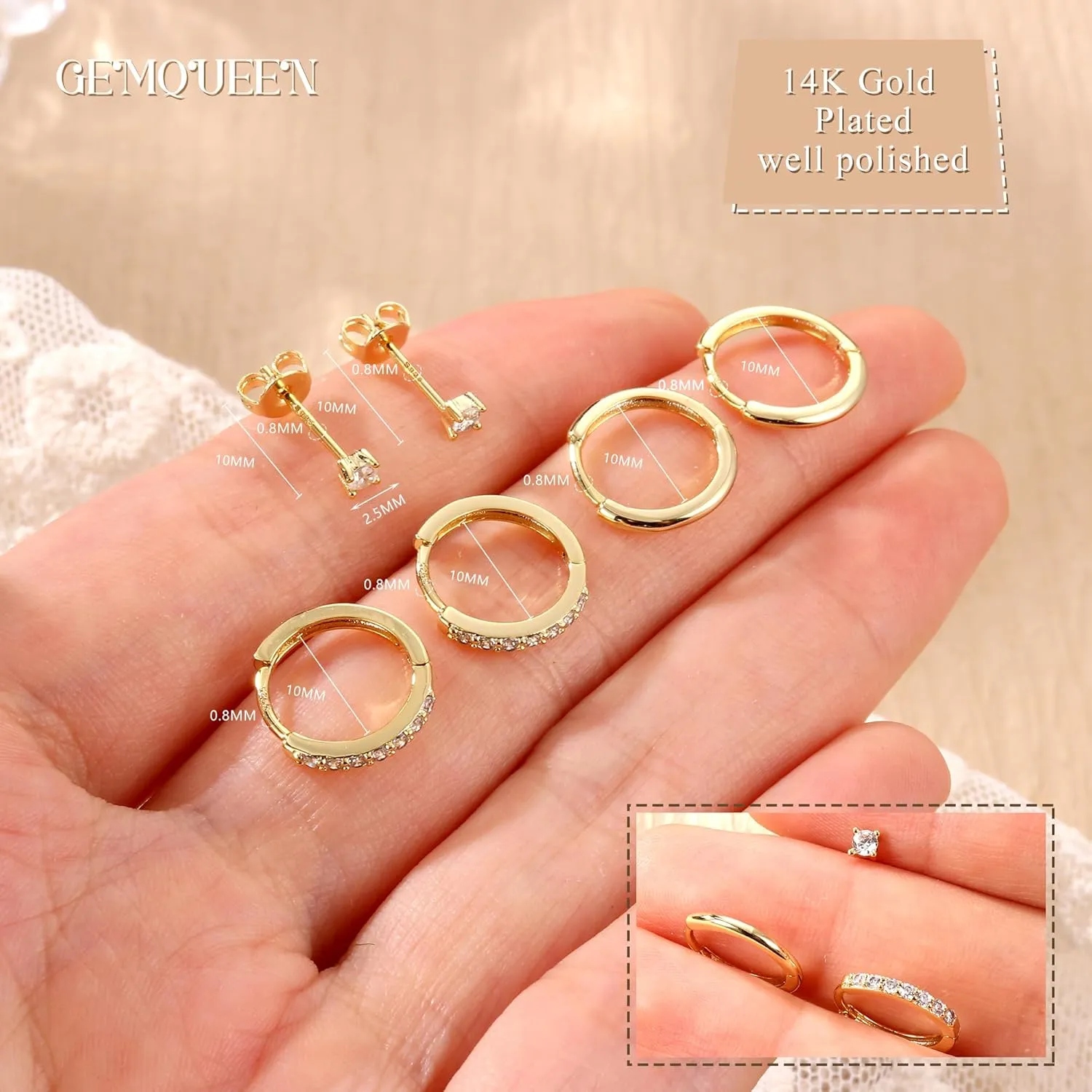 14K Gold Plated Sterling Silver Earrings Set : Small Stud Hoop Earring Stacks for Cartilage Hypoallergenic Earring Sets for Multiple Piercing Dainty Gold Earrings Jewelry for Women 2/3 Pair