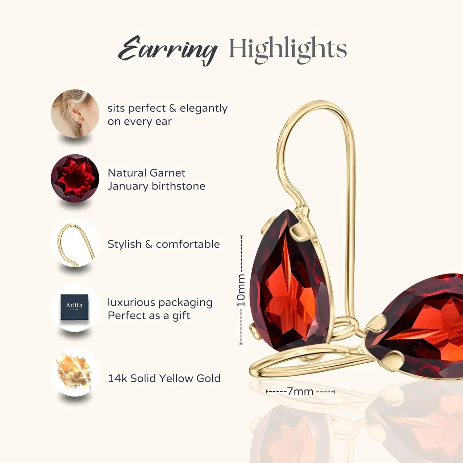 14K Solid Gold Earrings - Garnet Earrings for Women - 14K Gold Earrings for Women - January Birthstone Earrings - Teardrop Earrings for Women - Gold Dangle Earrings - Small Dainty Earrings