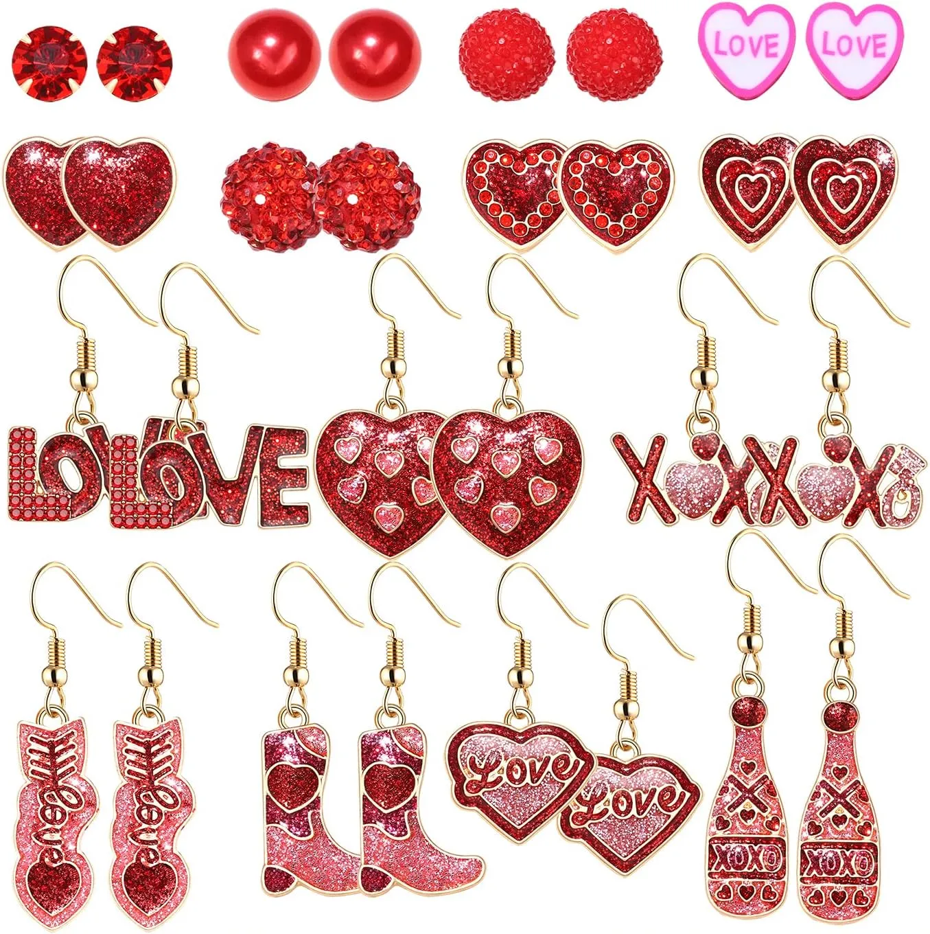 15 Pairs Valentines Day Earrings Red Heart LOVE XO XO Dangle Earrings Glitter Cupid Arrow Boot Wine Glass Drop Hook Earrings Hypoallergenic Rhinestone Pearl Heart Bead Studs Valentines Day Holiday Earrings Jewelry Gift for Women Girls