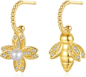 18K Gold Plated Bee and Flower Drop Dangle Earrings for Women, 925 Sterling Silver Dangle Hoop Earrings with Cubic Zirconia, Statement Gold Women's Jewelry