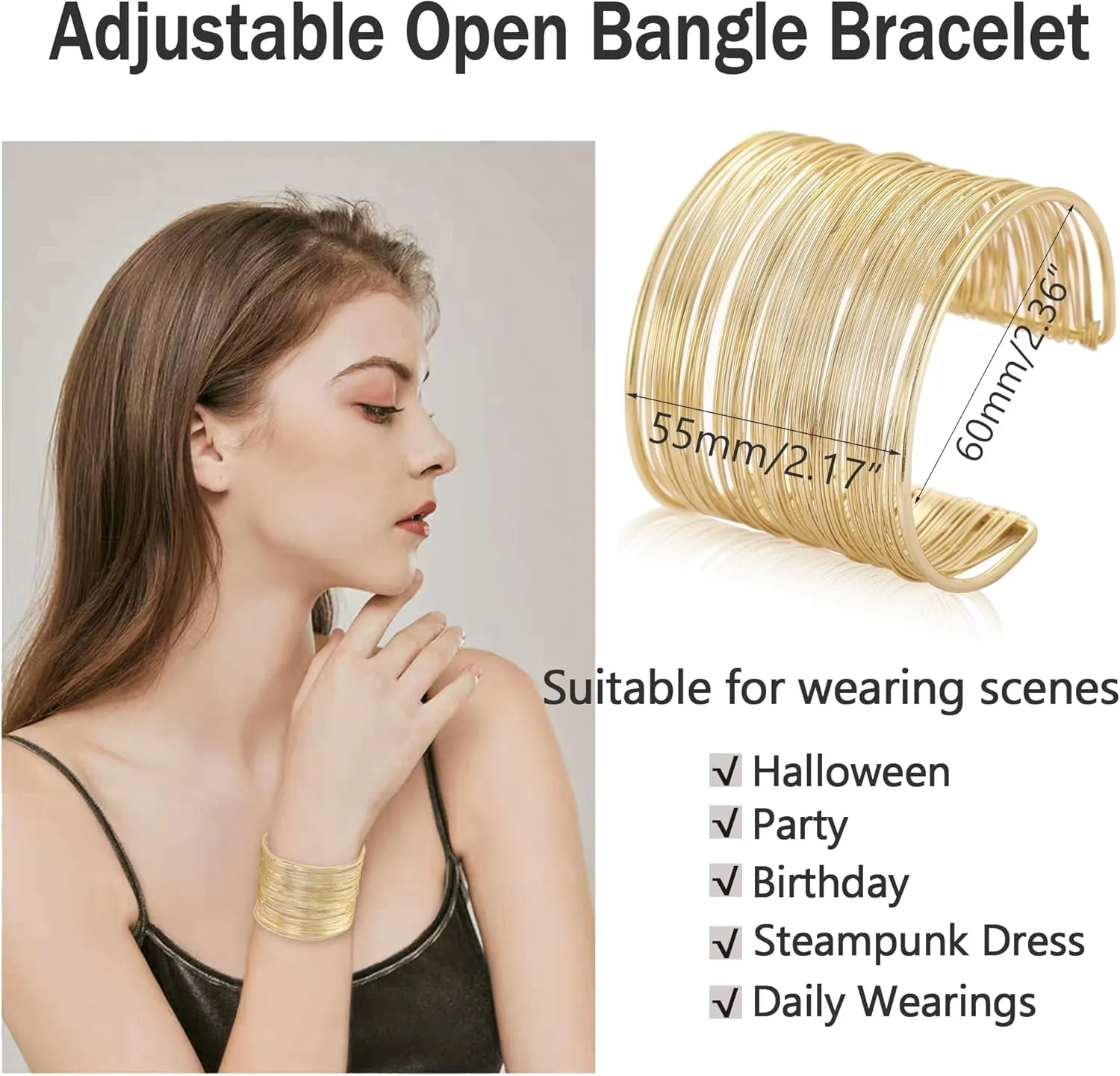 2 Pcs Cuff Bangle Bracelets for Women Open Wide Wire Bracelets Gold Wrist Cuff Wrap Bracelets Adjustable