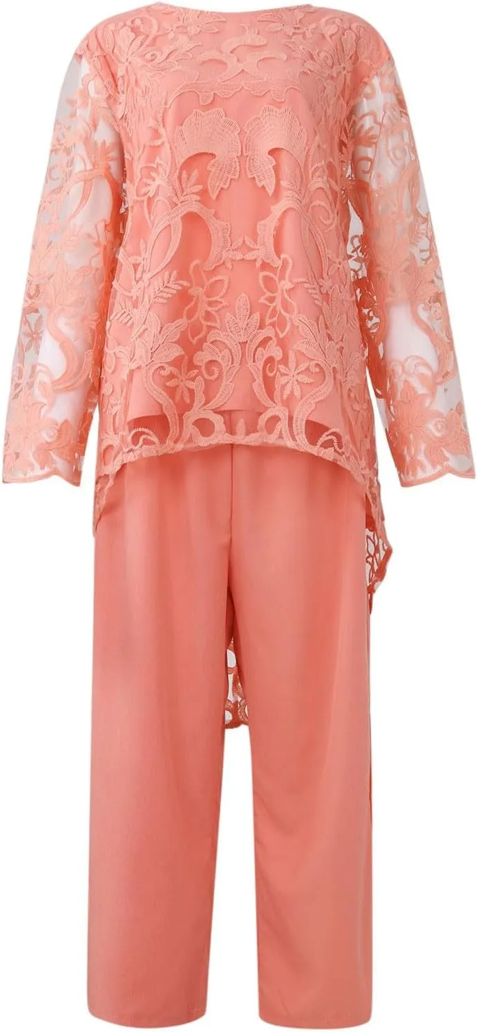 2 Piece Outfits for Women Elegant Wedding Guest Mother of The Bride Pant Suits Dressy Floral Lace Evening Formal Set