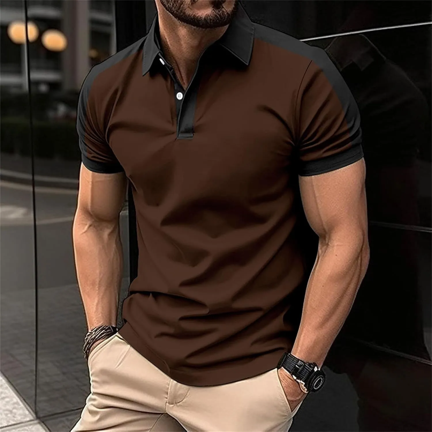2024 Novel Mens Polo Shirts Summer Casual Short Sleeved Buttons Lapel Solid Color Short Sleeved Lapel Colorblocked Shirt Top