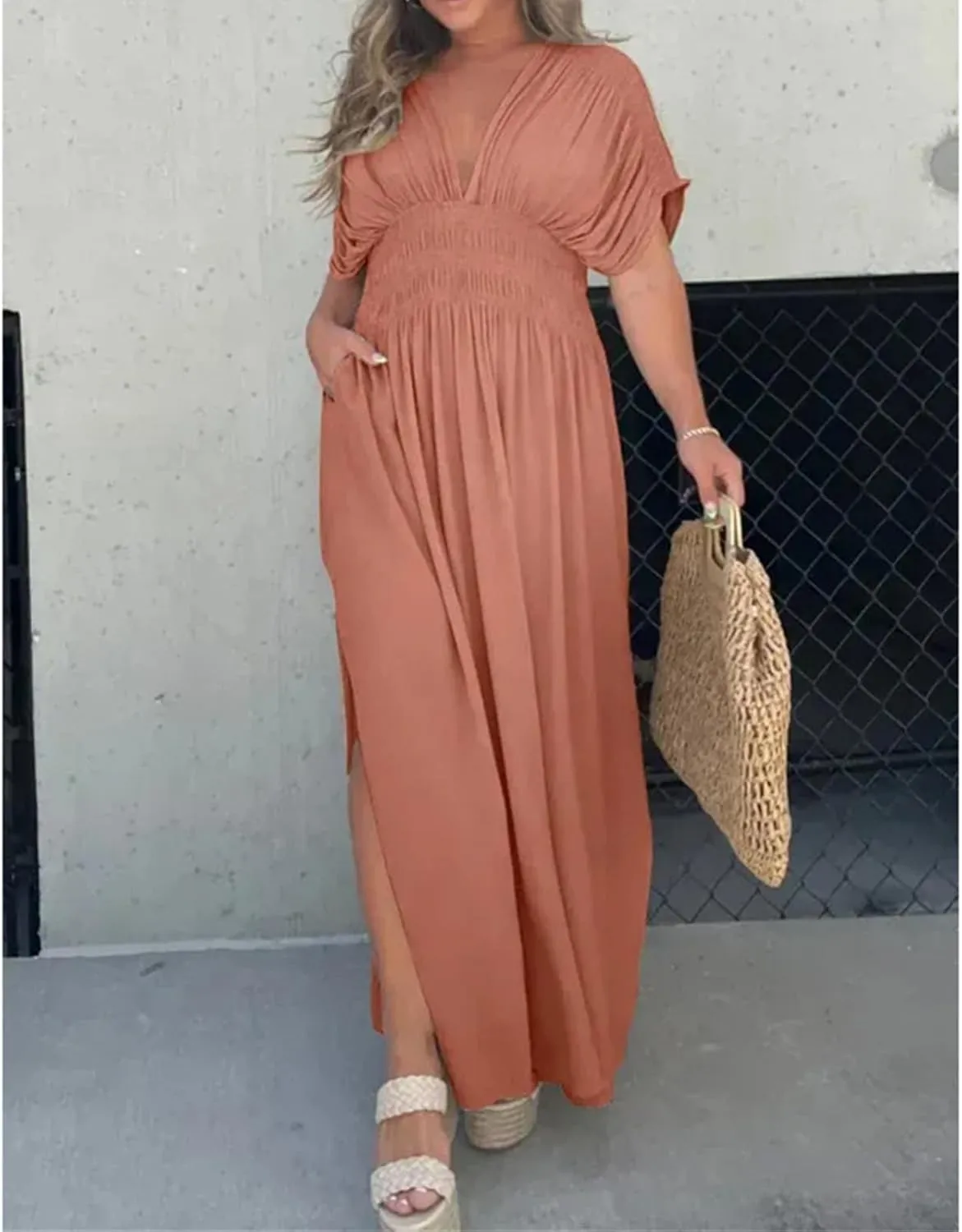 2024 Women's Maxi Dresses Boho Loose Fit Sundress Slit V-Neck Effortless Long Dress Slit V-Neck Casual Beach Sun Dress