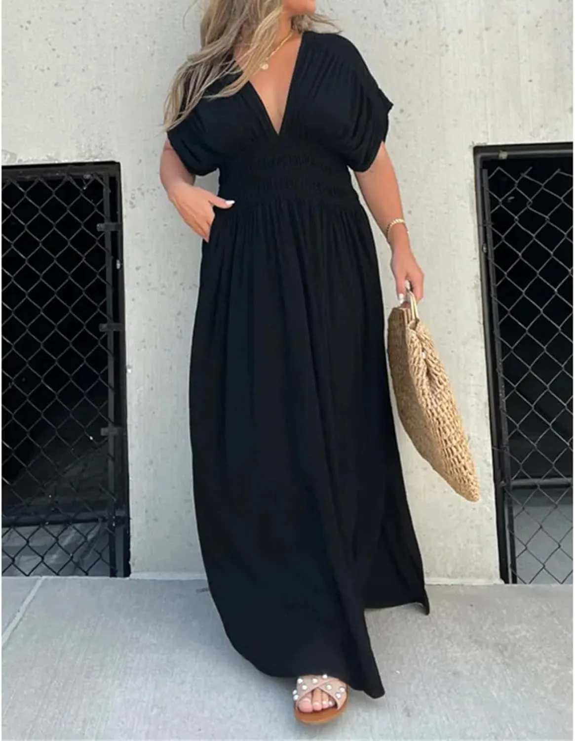 2024 Women's Maxi Dresses Boho Loose Fit Sundress Slit V-Neck Effortless Long Dress Slit V-Neck Casual Beach Sun Dress