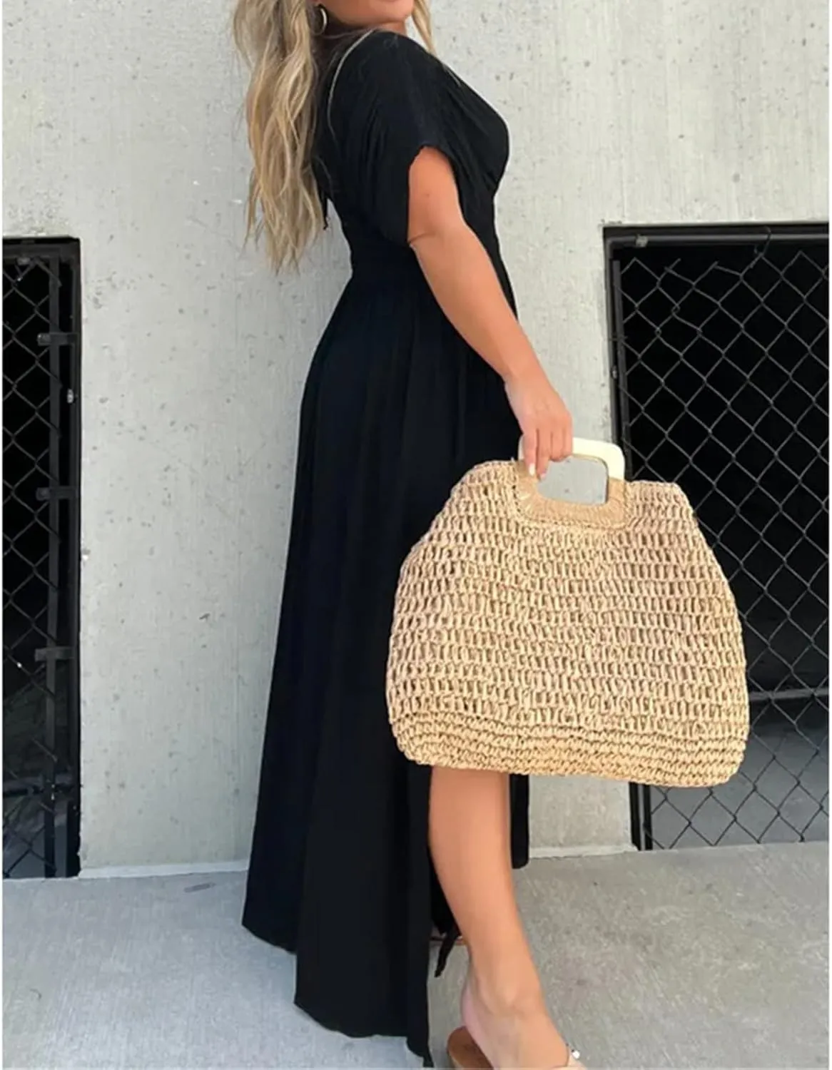 2024 Women's Maxi Dresses Boho Loose Fit Sundress Slit V-Neck Effortless Long Dress Slit V-Neck Casual Beach Sun Dress