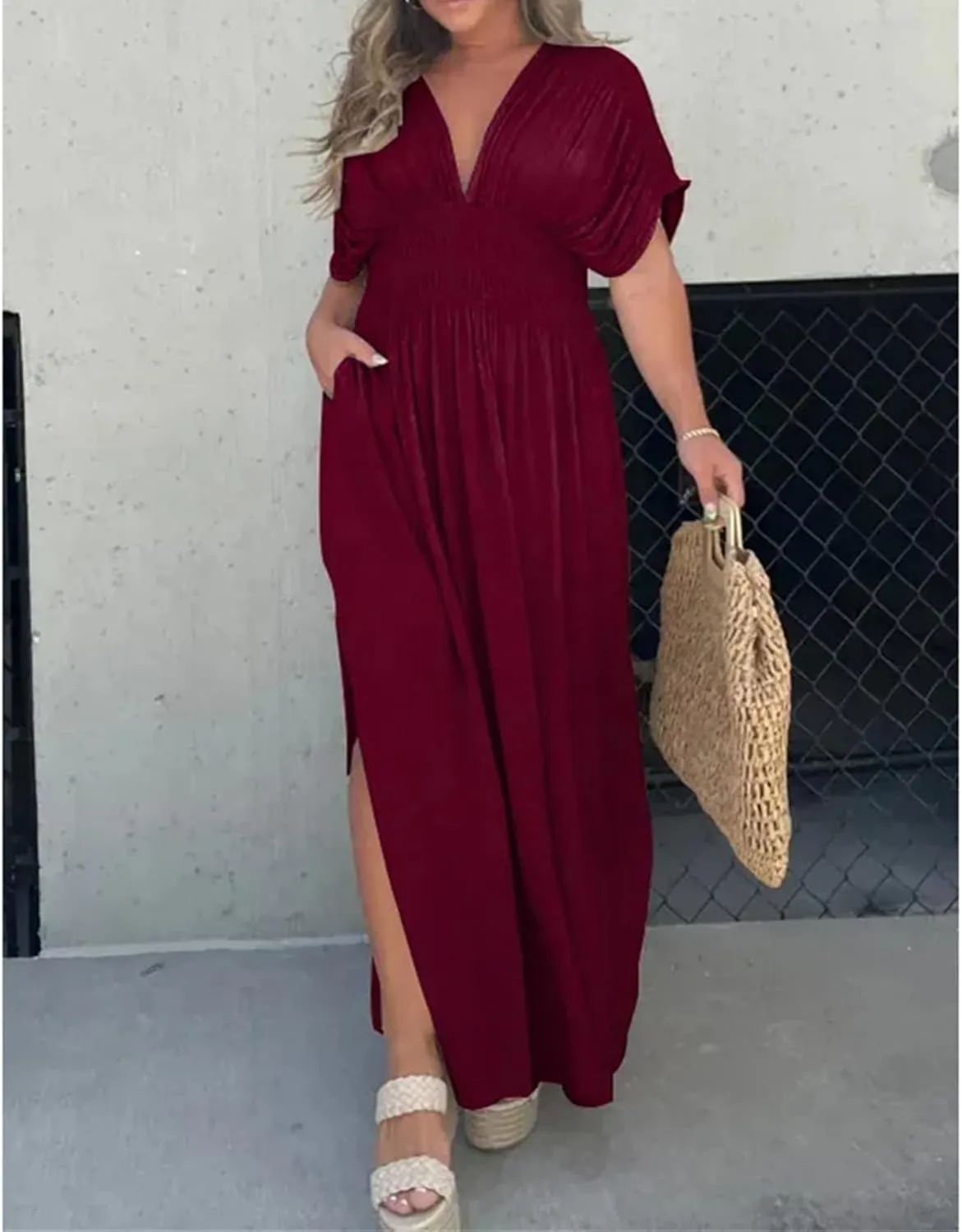 2024 Women's Maxi Dresses Boho Loose Fit Sundress Slit V-Neck Effortless Long Dress Slit V-Neck Casual Beach Sun Dress