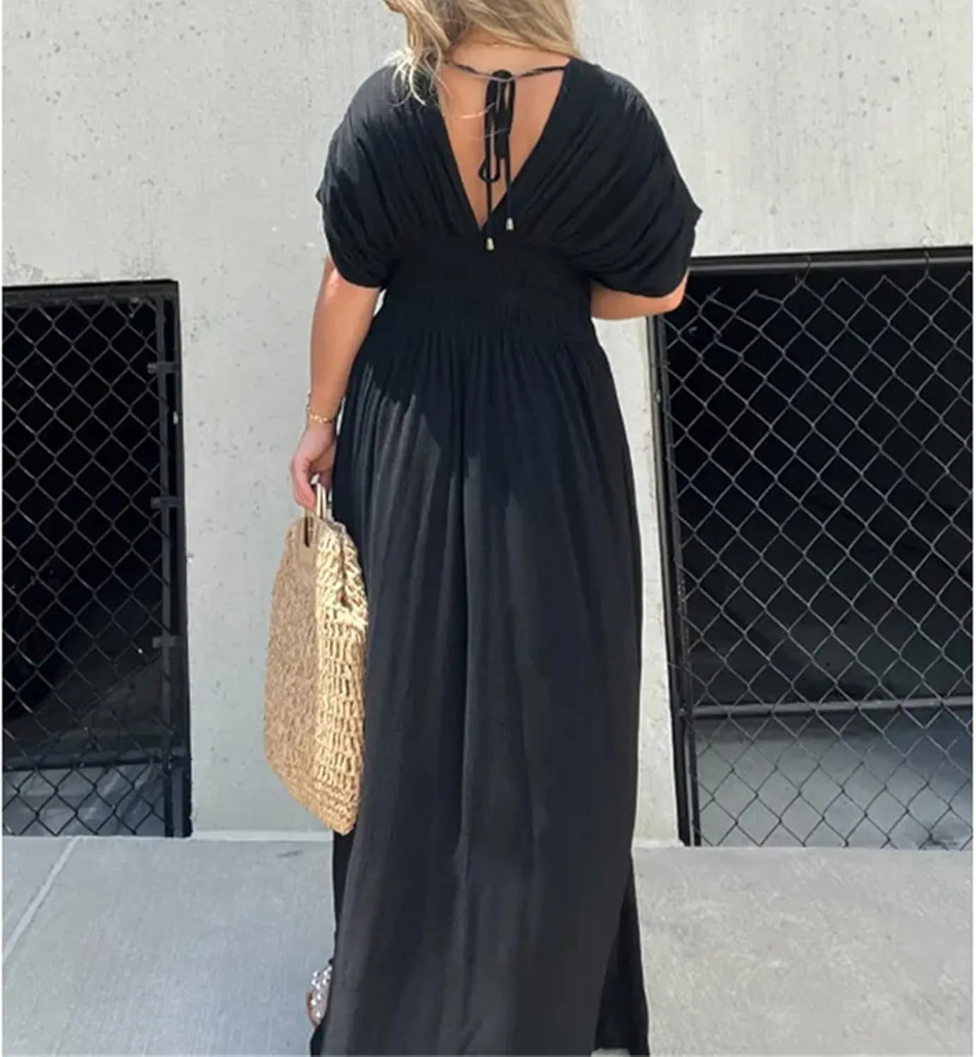 2024 Women's Maxi Dresses Boho Loose Fit Sundress Slit V-Neck Effortless Long Dress Slit V-Neck Casual Beach Sun Dress