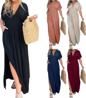 2024 Women's Maxi Dresses Boho Loose Fit Sundress Slit V-Neck Effortless Long Dress Slit V-Neck Casual Beach Sun Dress