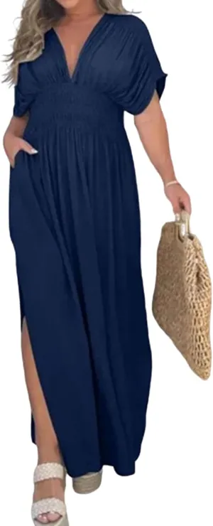 2024 Women's Maxi Dresses Boho Loose Fit Sundress Slit V-Neck Effortless Long Dress Slit V-Neck Casual Beach Sun Dress