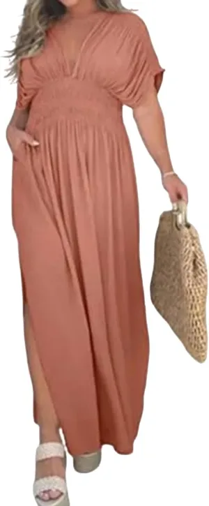 2024 Women's Maxi Dresses Boho Loose Fit Sundress Slit V-Neck Effortless Long Dress Slit V-Neck Casual Beach Sun Dress