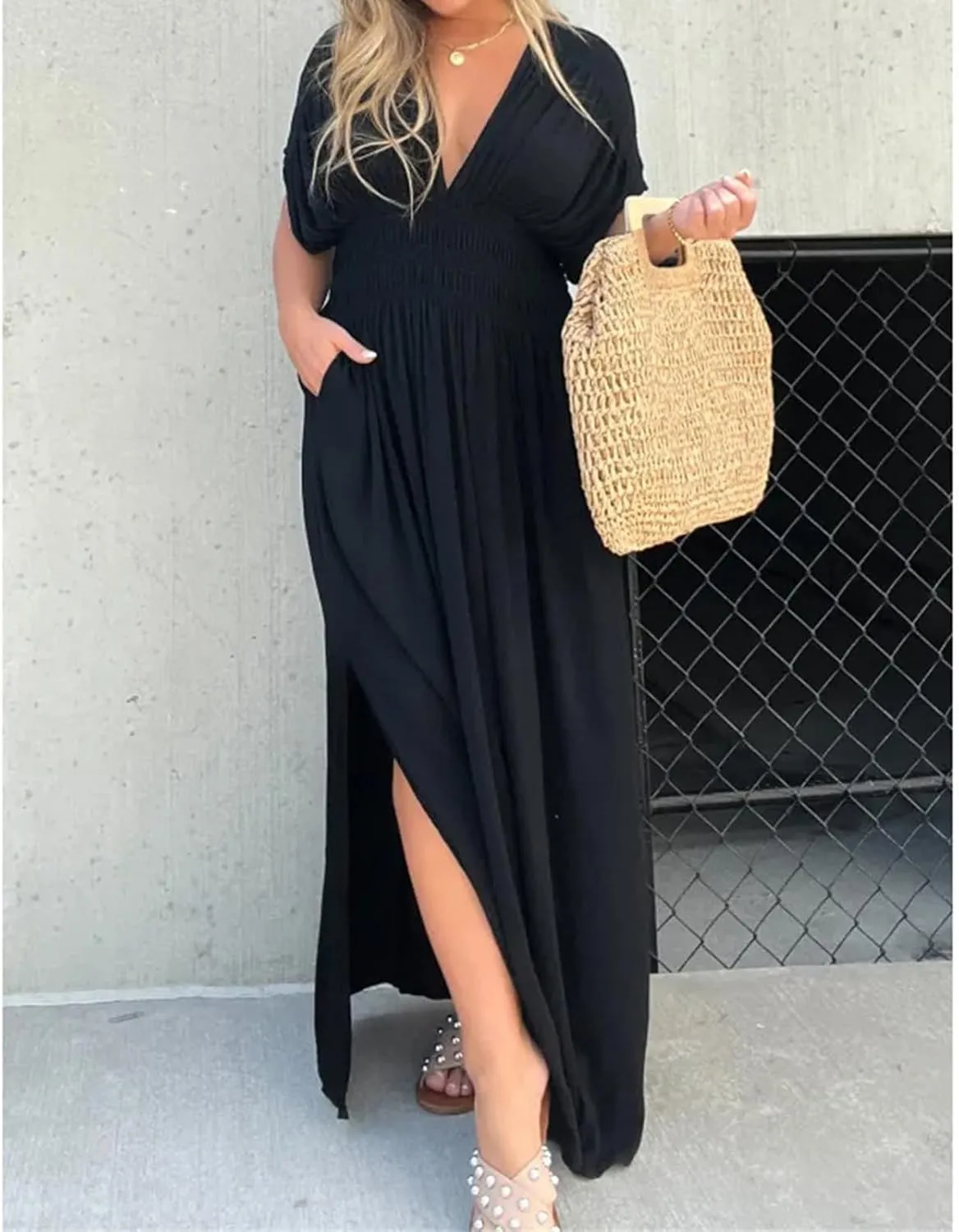 2024 Women's Maxi Dresses Boho Loose Fit Sundress Slit V-Neck Effortless Long Dress Slit V-Neck Casual Beach Sun Dress