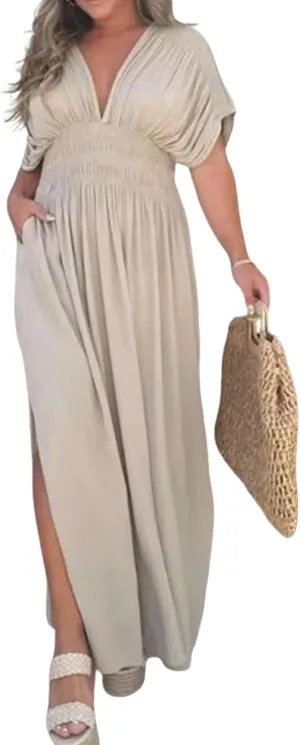2024 Women's Maxi Dresses Boho Loose Fit Sundress Slit V-Neck Effortless Long Dress Slit V-Neck Casual Beach Sun Dress