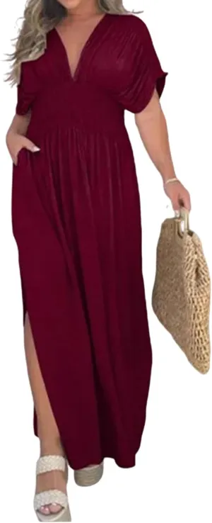 2024 Women's Maxi Dresses Boho Loose Fit Sundress Slit V-Neck Effortless Long Dress Slit V-Neck Casual Beach Sun Dress