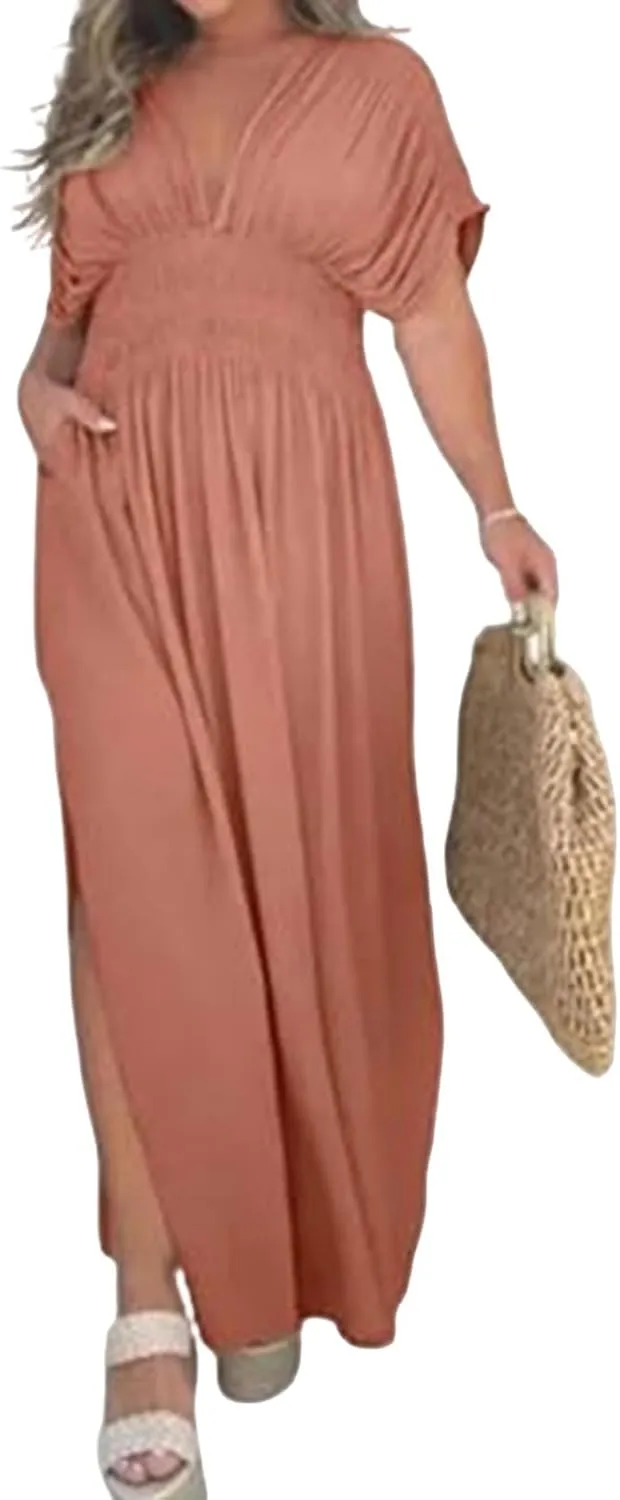 2024 Women's Maxi Dresses Boho Loose Fit Sundress Slit V-Neck Effortless Long Dress Slit V-Neck Casual Beach Sun Dress