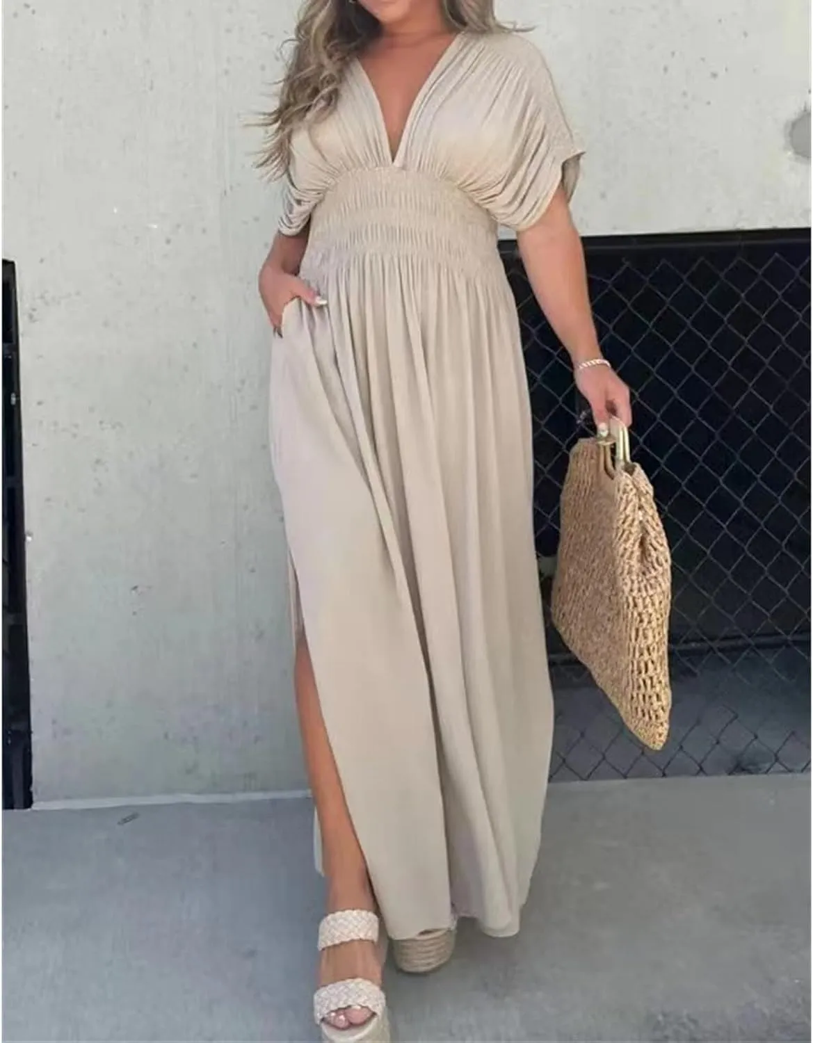 2024 Women's Maxi Dresses Boho Loose Fit Sundress Slit V-Neck Effortless Long Dress Slit V-Neck Casual Beach Sun Dress