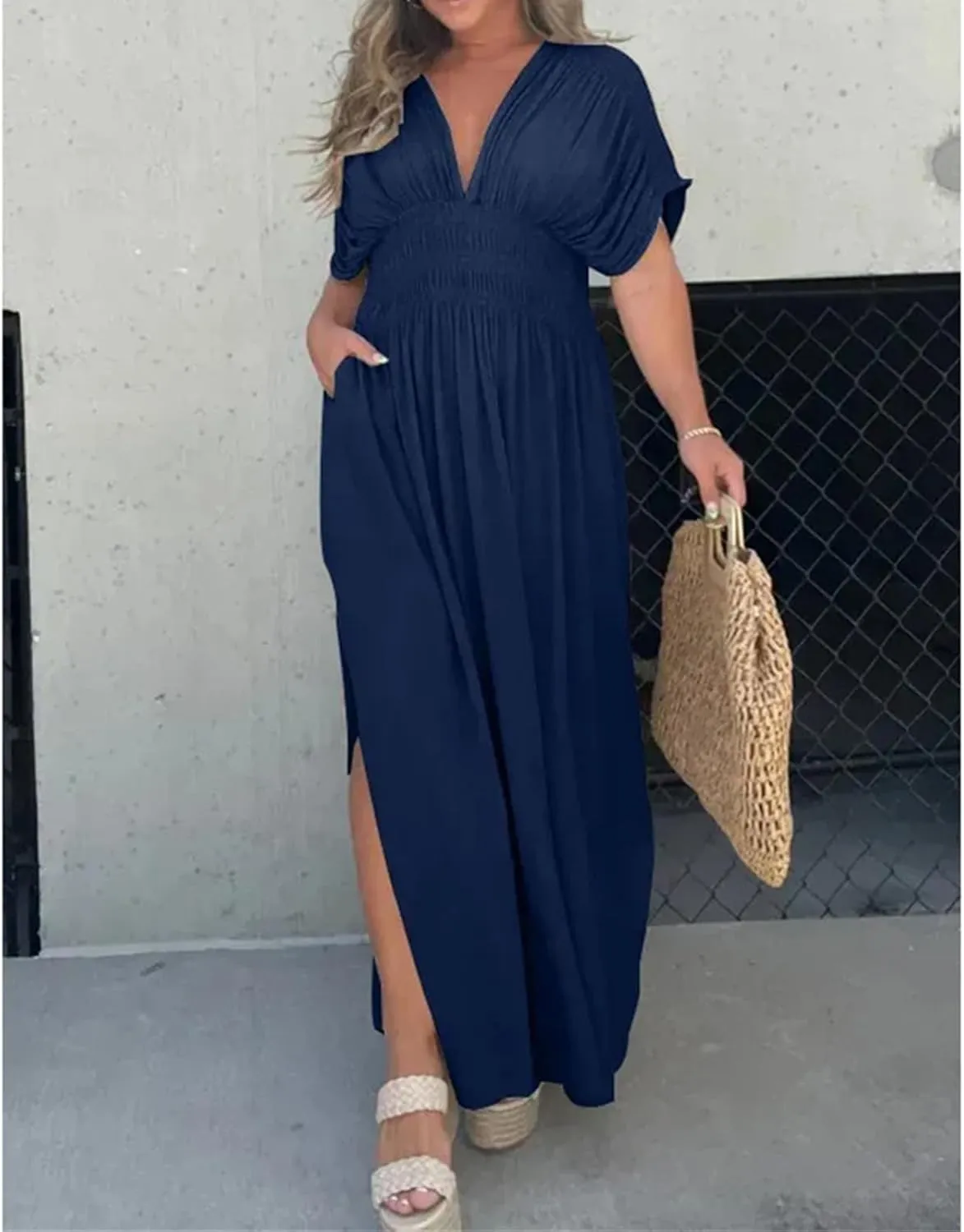 2024 Women's Maxi Dresses Boho Loose Fit Sundress Slit V-Neck Effortless Long Dress Slit V-Neck Casual Beach Sun Dress