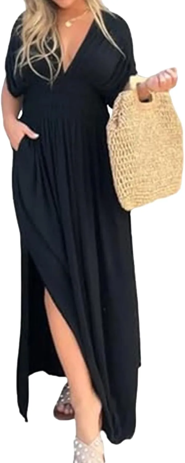 2024 Women's Maxi Dresses Boho Loose Fit Sundress Slit V-Neck Effortless Long Dress Slit V-Neck Casual Beach Sun Dress