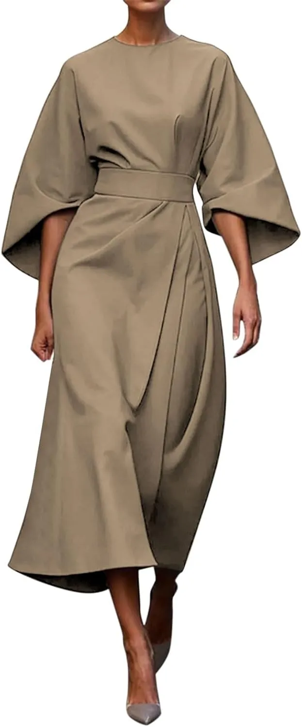 2025 Dresses for Women Elegant Classy 3/4 Lantern Sleeve Solid Color High Waist A Line Flowy Formal Evening Gowns Dress