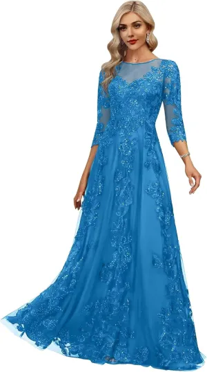 2025 Lace Appliques Mother of The Bride Dresses for Women Long with 3/4 Sleeve Wedding Guset Formal Gowns