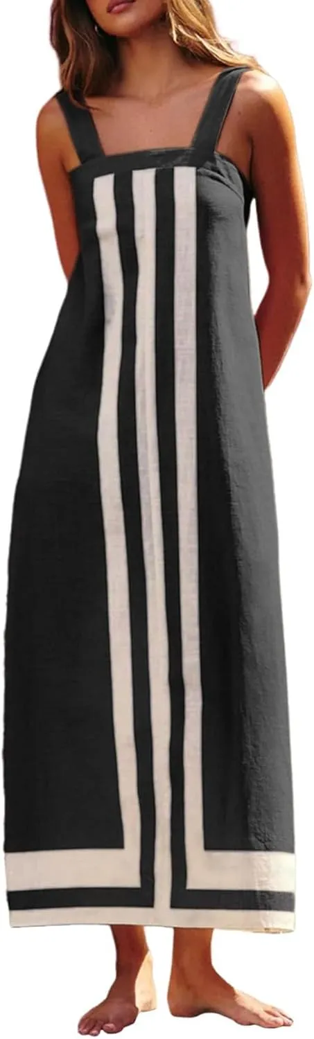2025 Summer Bohemian Floral Dress for Women Casual Color Block Maxi Beach Overall Dress Coverups