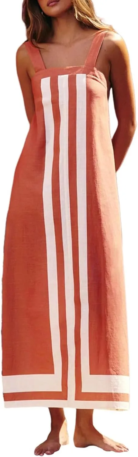 2025 Summer Bohemian Floral Dress for Women Casual Color Block Maxi Beach Overall Dress Coverups