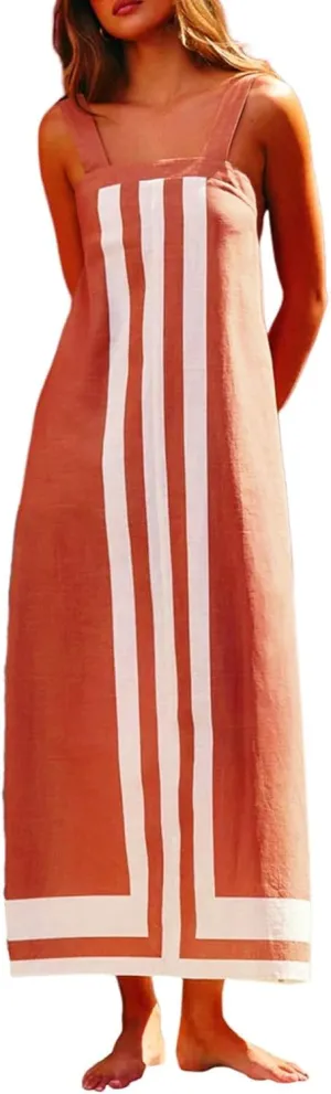 2025 Summer Bohemian Floral Dress for Women Casual Color Block Maxi Beach Overall Dress Coverups