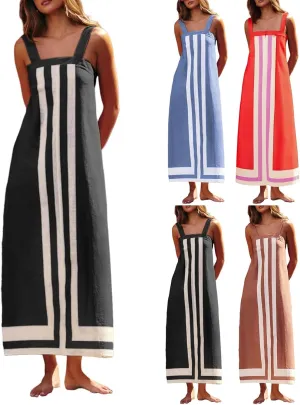 2025 Summer Bohemian Floral Dress for Women Casual Color Block Maxi Beach Overall Dress Coverups