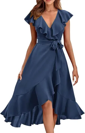 2025 Summer Dresses Women Wrap Midi Dress Casual Boho Deep Vneck Short Sleeve Ruffle Hem Split Beach Flowy Long Skirt