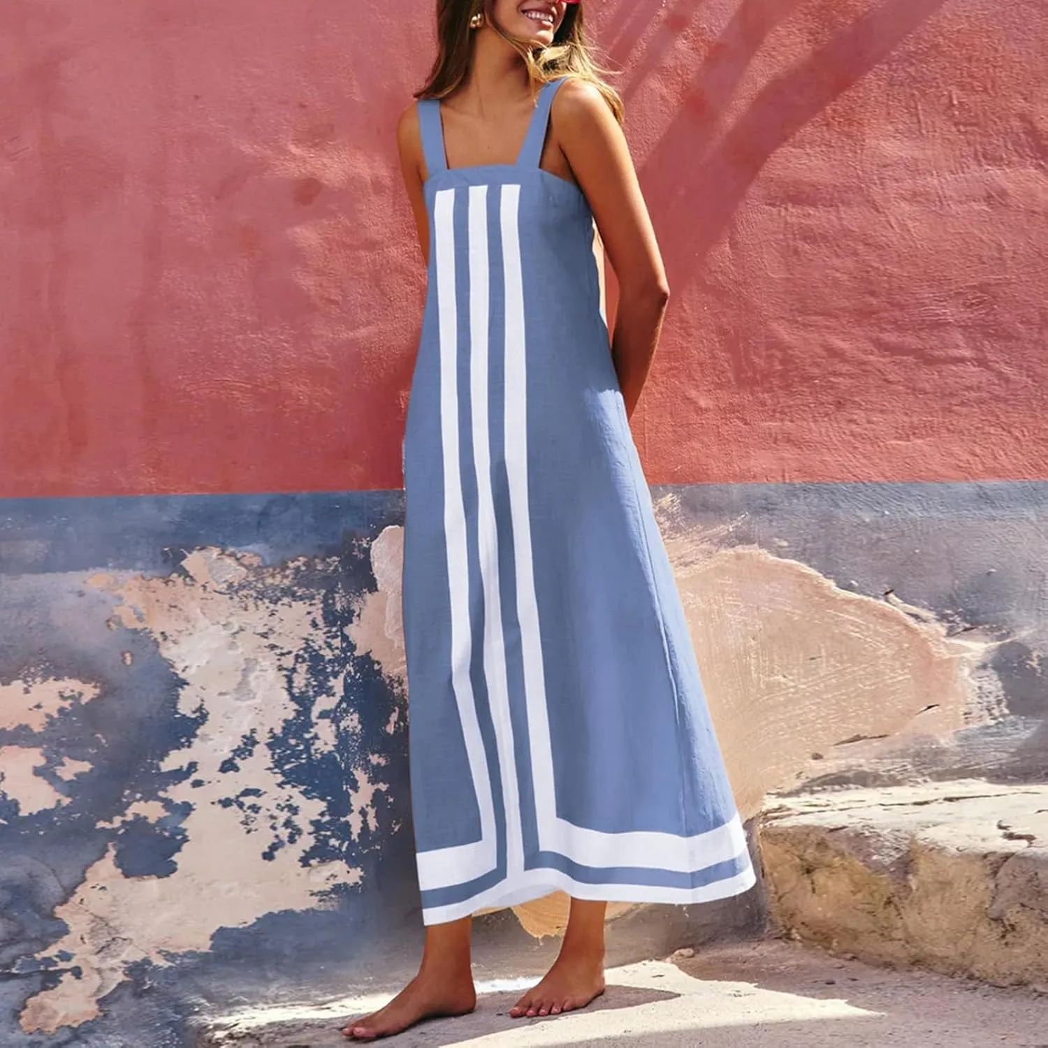 2025 Women Bohemian Floral Dress Summer Casual Color Block Maxi Sleeveless Beach Overall Dress Coverups