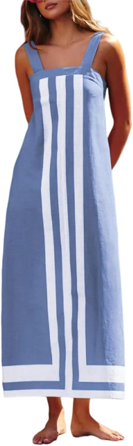 2025 Women Bohemian Floral Dress Summer Casual Color Block Maxi Sleeveless Beach Overall Dress Coverups
