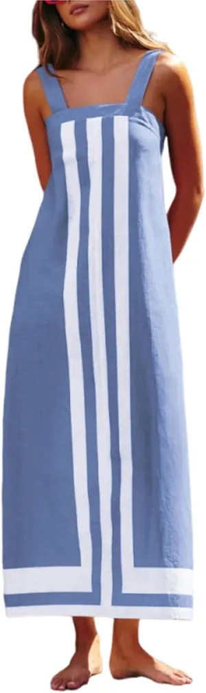 2025 Women Bohemian Floral Dress Summer Casual Color Block Maxi Sleeveless Beach Overall Dress Coverups