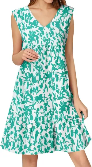 2025 Women's Summer Dresses Sleeveless Ruffle Sleeve V Neck Floral Loose Short Flowy Pleated Mini Babydoll Dress
