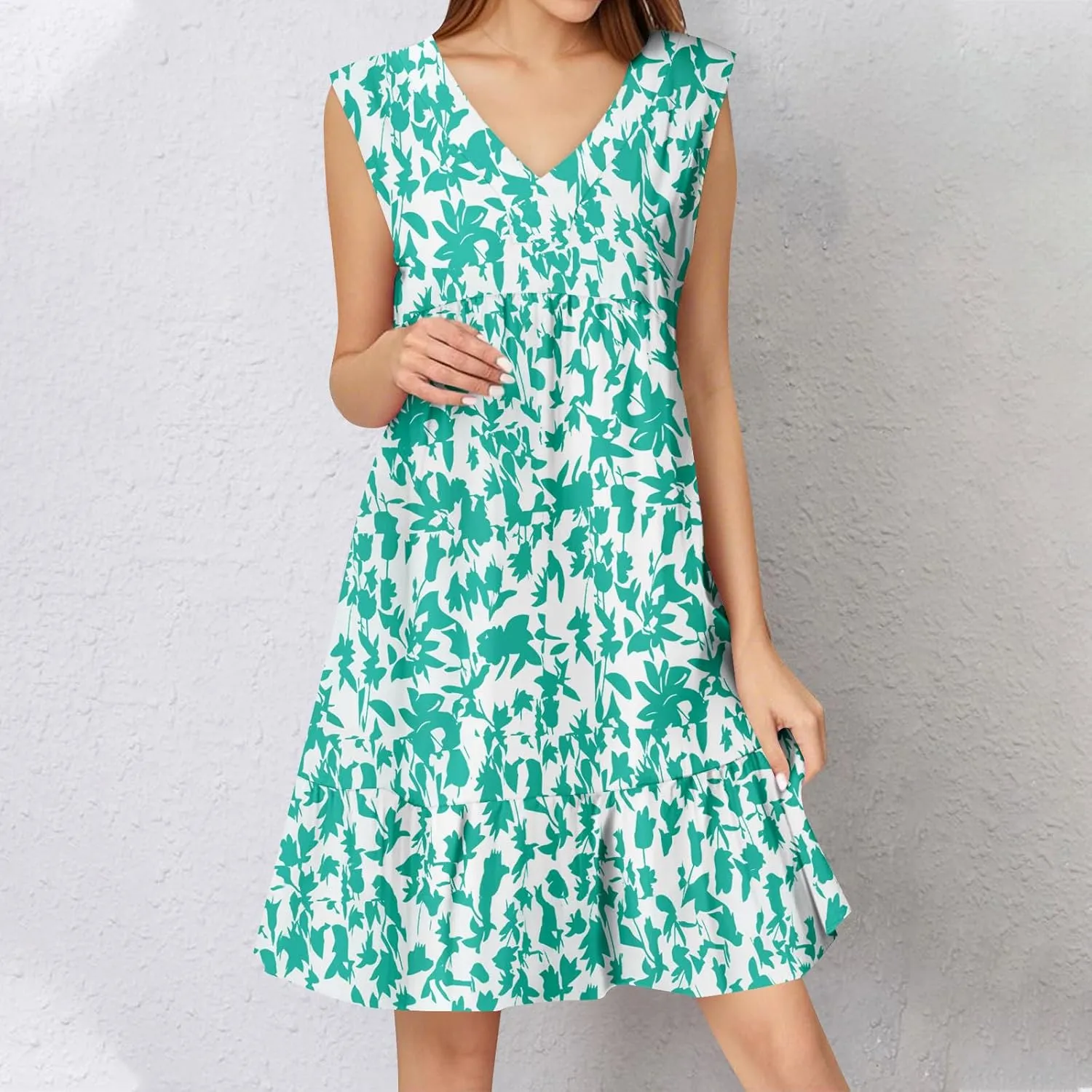 2025 Women's Summer Dresses Sleeveless Ruffle Sleeve V Neck Floral Loose Short Flowy Pleated Mini Babydoll Dress