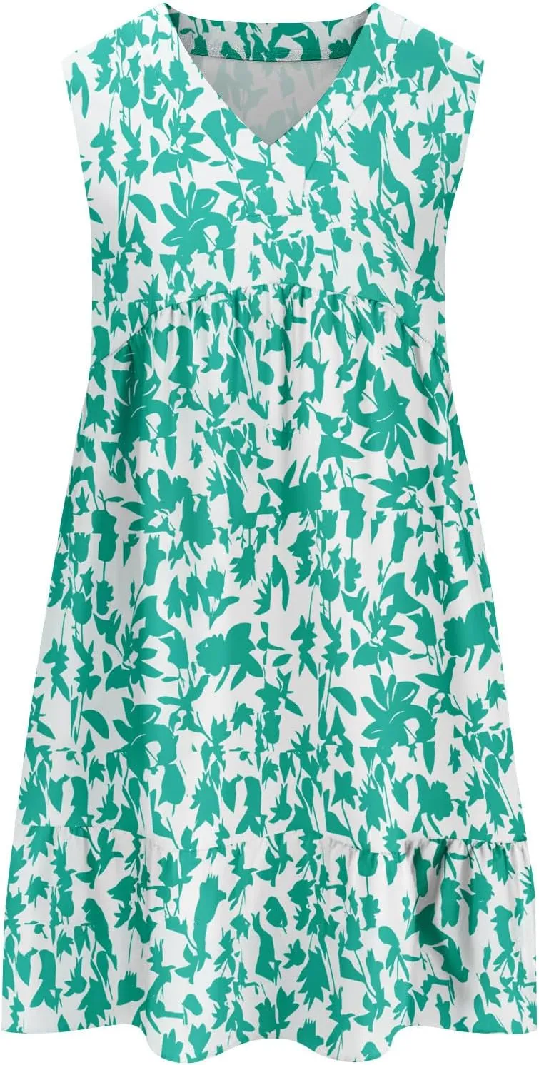 2025 Women's Summer Dresses Sleeveless Ruffle Sleeve V Neck Floral Loose Short Flowy Pleated Mini Babydoll Dress