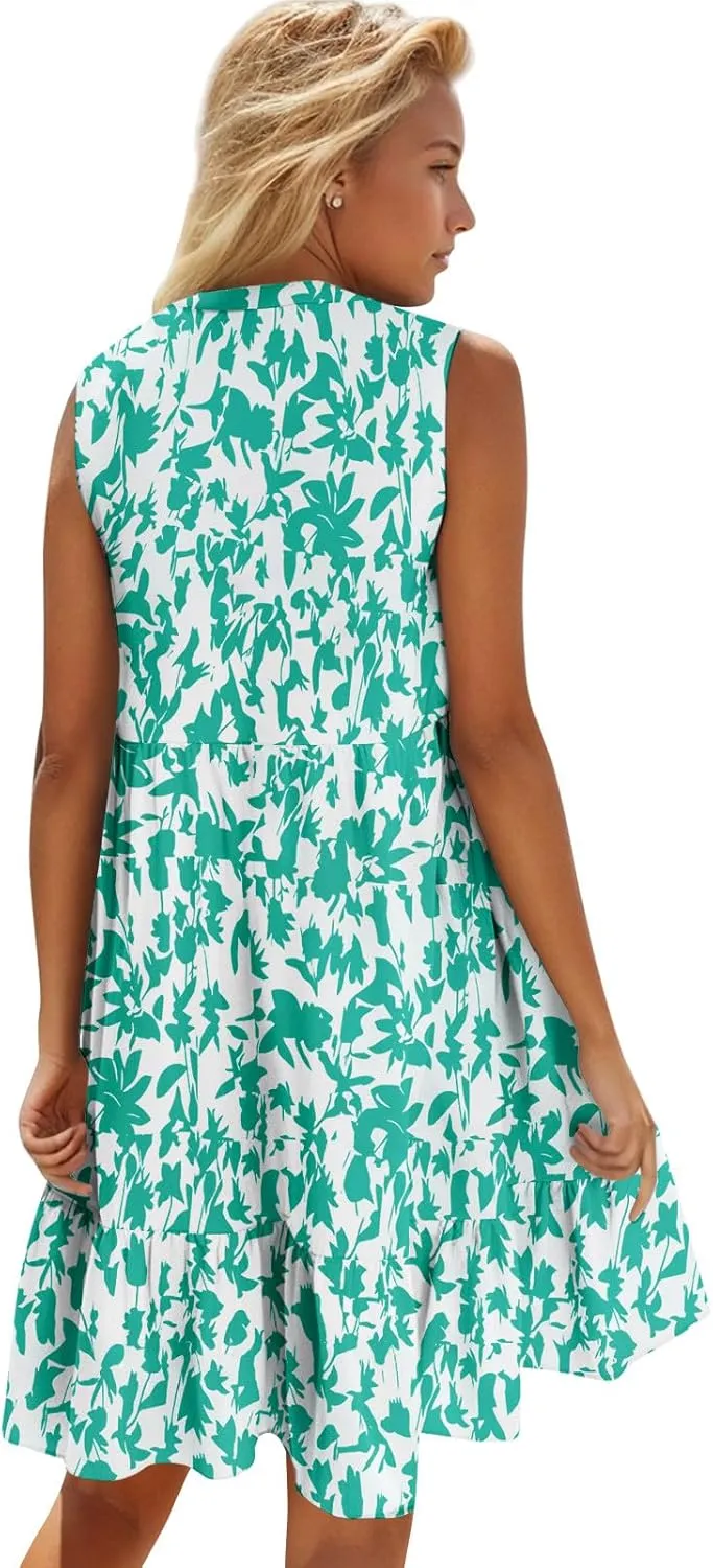 2025 Women's Summer Dresses Sleeveless Ruffle Sleeve V Neck Floral Loose Short Flowy Pleated Mini Babydoll Dress