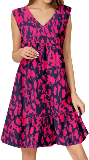 2025 Women's Summer Dresses Sleeveless Ruffle Sleeve V Neck Floral Loose Short Flowy Pleated Mini Babydoll Dress