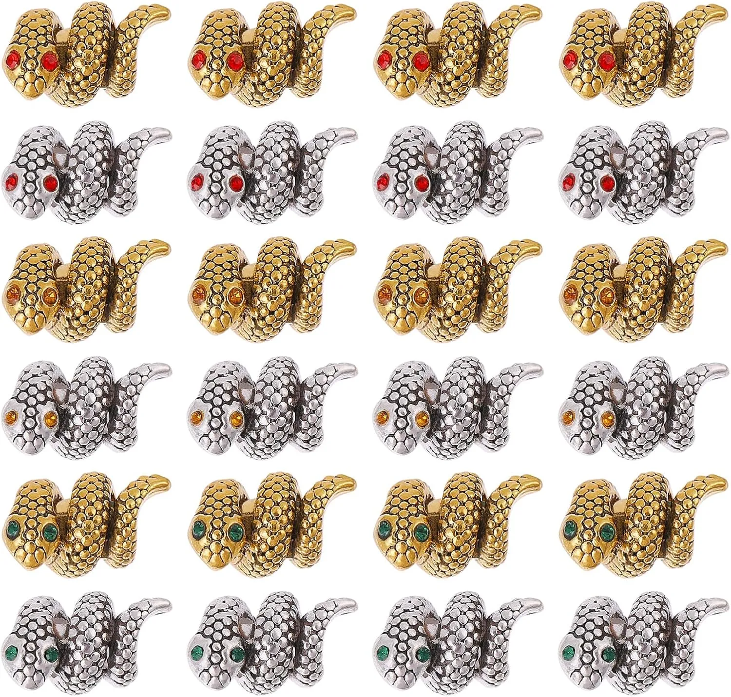 24Pcs Snake Charms Bracelet Loose Beads Fashion Alloy DIY Jewelry Animal Accessories 6 Colors for Men and Women Handmade Pendants Beads Pendant Accessories