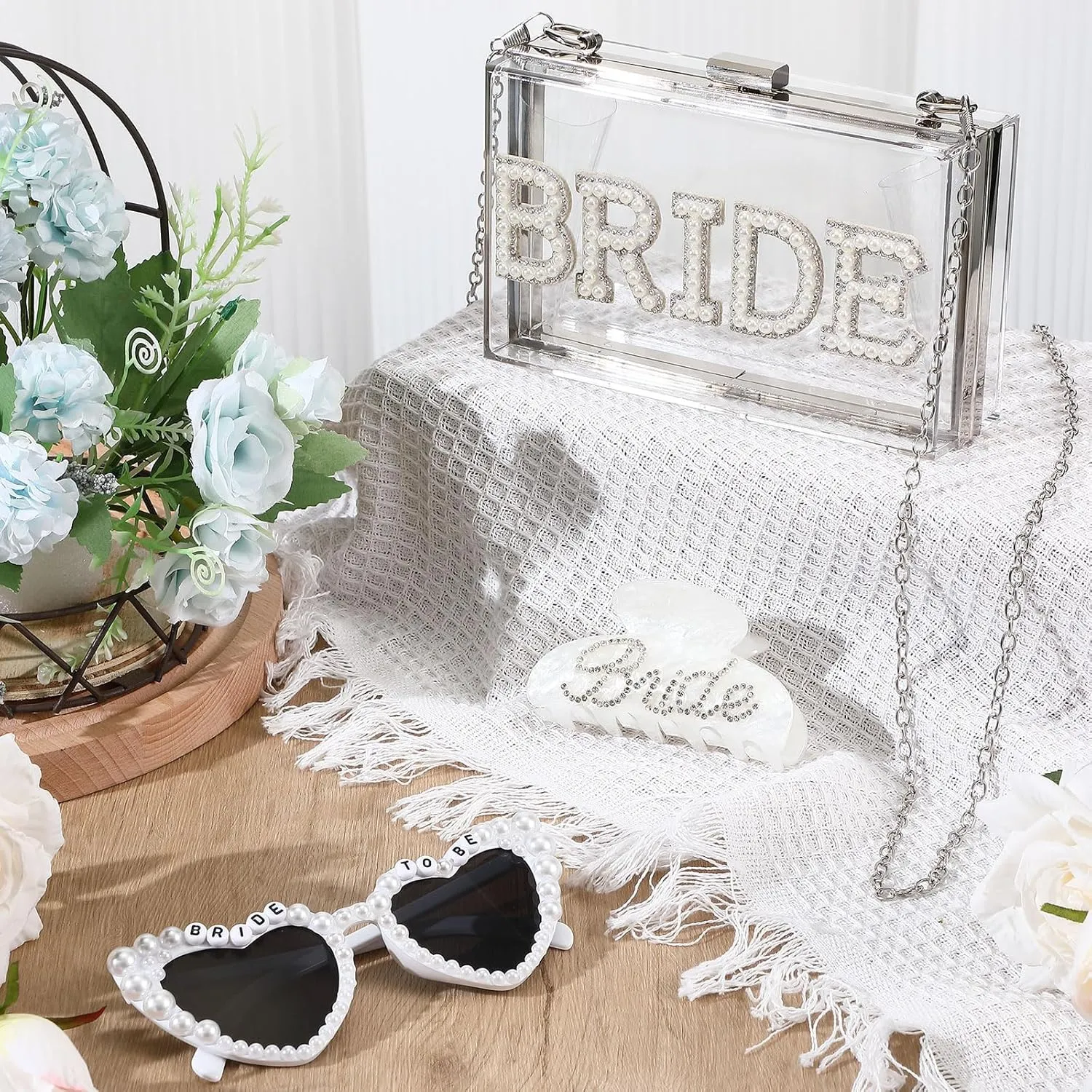 3 Pcs Bride Gifts Set Bride Bag Women Clear Clutch Sunglasses Hair Clip Pearl Letter Stickers for Bachelorette Party