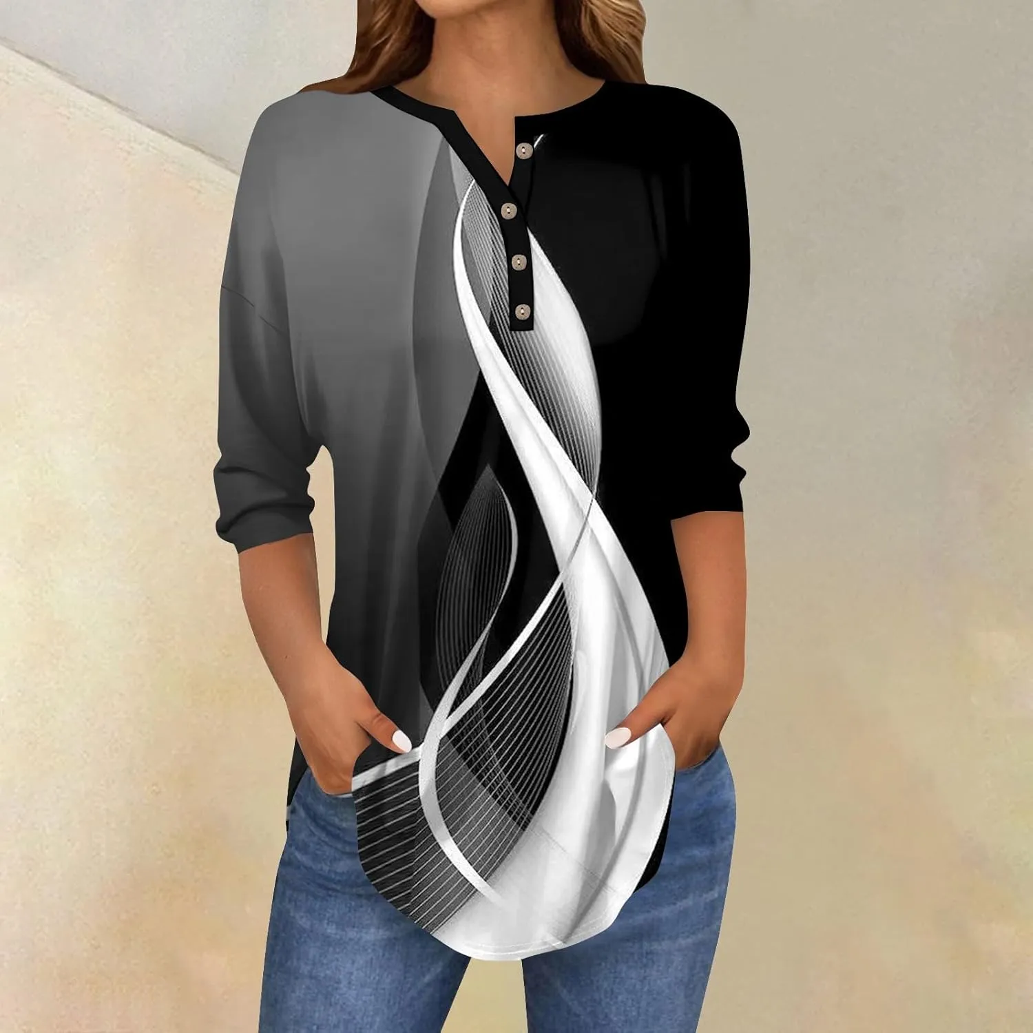 3/4 Length Sleeve Womens Tops 2025 Casual Henley Neck Petite Shirts Three Quarter Sleeve Tshirts
