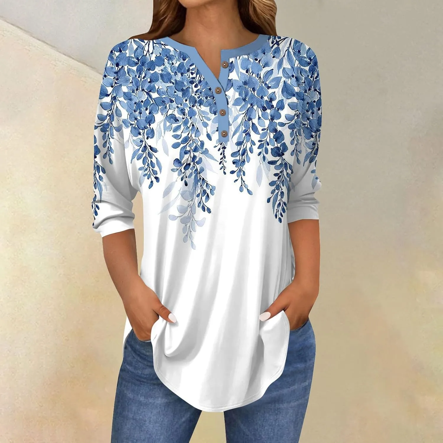 3/4 Length Sleeve Womens Tops 2025 Casual Henley Neck Petite Shirts Three Quarter Sleeve Tshirts