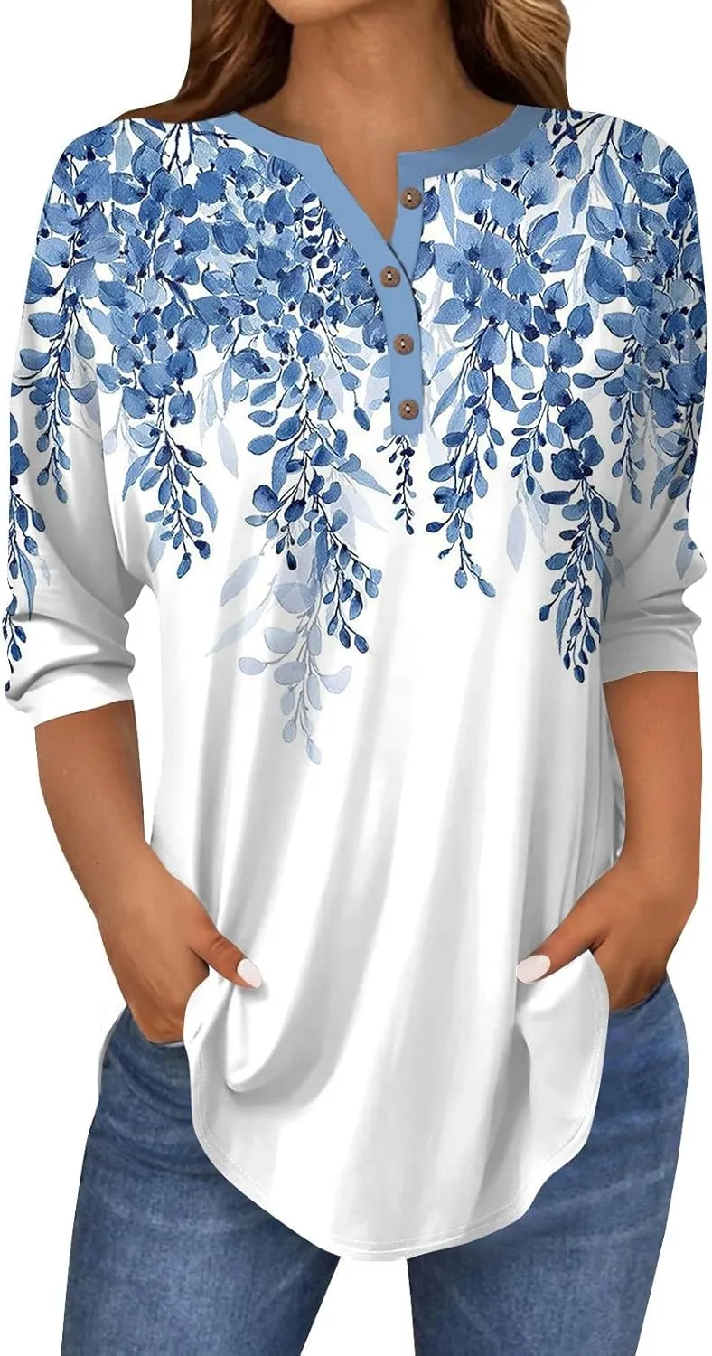 3/4 Length Sleeve Womens Tops 2025 Casual Henley Neck Petite Shirts Three Quarter Sleeve Tshirts