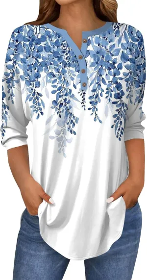 3/4 Length Sleeve Womens Tops 2025 Casual Henley Neck Petite Shirts Three Quarter Sleeve Tshirts