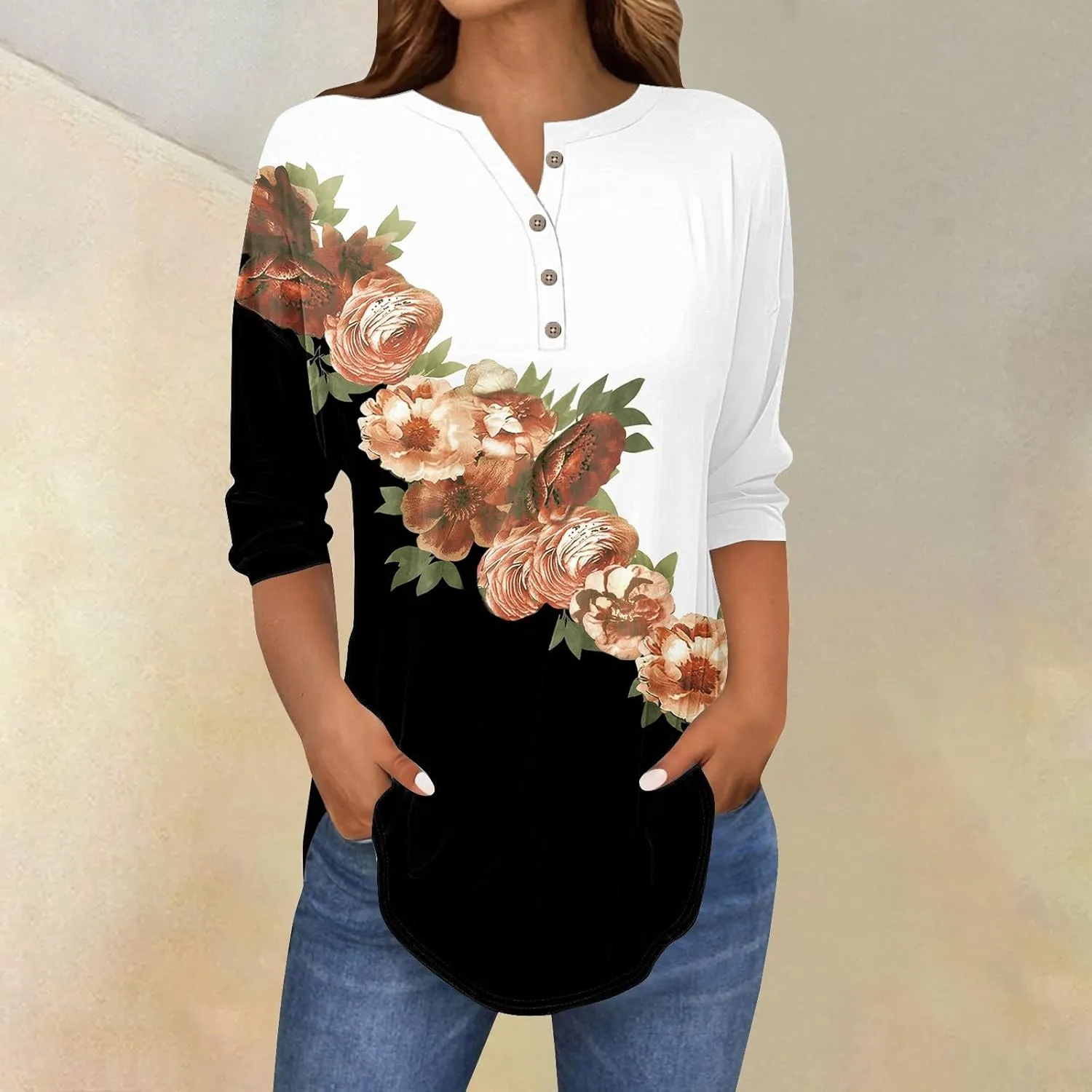 3/4 Length Sleeve Womens Tops 2025 Spring Henley Neck Casual Print Tunic T Shirts Summer Trendy Boho Floral Blouses