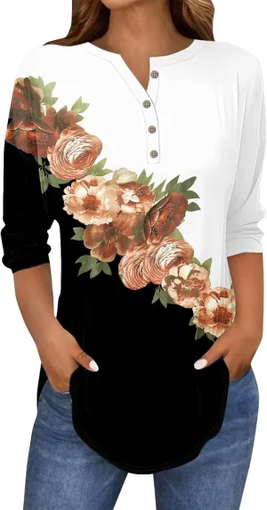3/4 Length Sleeve Womens Tops 2025 Spring Henley Neck Casual Print Tunic T Shirts Summer Trendy Boho Floral Blouses