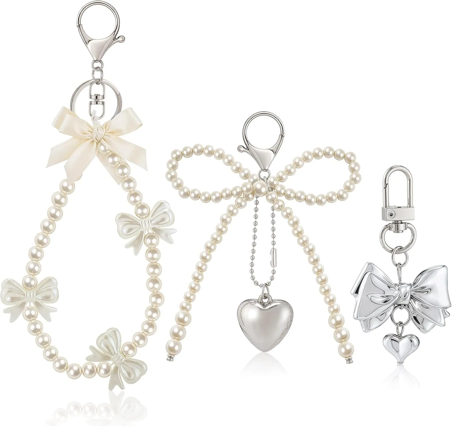 3pcs Y2k Bow Keychain Bag Charm Silver Heart Pendant Pearl Key Chain Phone Sweet Cute Keychains for Women Car Key Rings Charms Bowknot Key Ring Girl