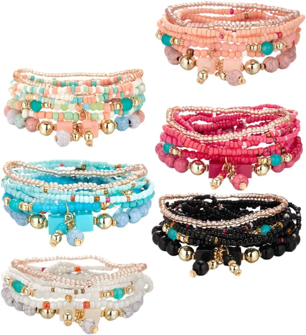 6 Sets Layered Bead Bracelet Stretchy Bracelets Friendship Bracelets for Women Multilayered Bracelet Bangles Bracelets for Women Turquoise Bracelet Summer Bracelets Acrylic Beads
